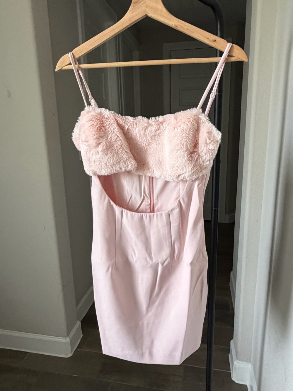 naked wardrobe Pale Pink Faux-Fur Trim Mini Slip Dress XS